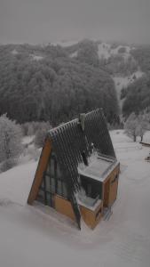 mały domek ze śniegiem na dachu w obiekcie Amont Chalet w mieście Peştera