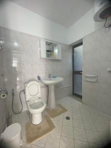 La salle de bains est pourvue de toilettes et d'un lavabo. dans l'établissement Flat, à Tirana