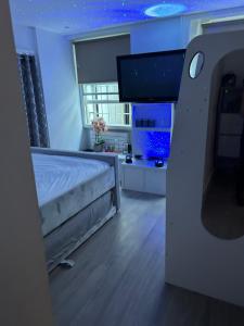a bedroom with a bed and a tv in it at Beautiful double room in a central location next to various tube stations with breakfast and yoga options available on site in London