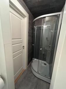 a bathroom with a shower with a glass door at Studiolägenhet i Höga Kusten in Ullanger