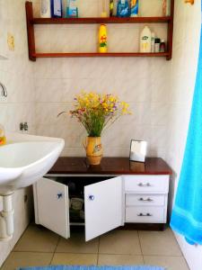 a bathroom with a sink and a vase with flowers at Chalupa Branžež Komárovský rybník in Branžež