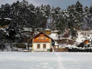 ein Haus im Schnee mit einem schneebedeckten Hof in der Unterkunft Chalupa Branžež Komárovský rybník in Branžež