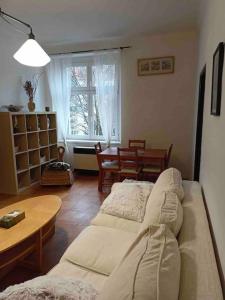 a living room with a couch and a table at Family MK Apartment in Prague