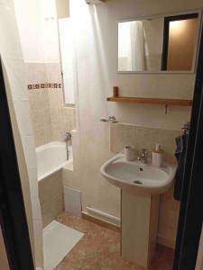 a bathroom with a sink and a toilet and a tub at Family MK Apartment in Prague