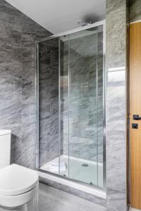 a bathroom with a shower with a toilet and a tub at Waterside Cottage - Hot Tub, Mooring, Arcade, Bar in Neatishead +19 photos