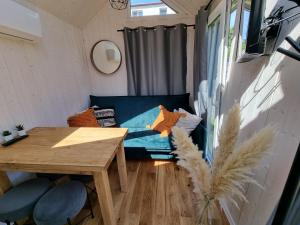 a tiny house with a blue couch and a table at Tiny House Jastarnia in Jastarnia