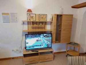 una televisione seduta su un centro di intrattenimento in legno di Gemütliche Ferienwohnung 2 Personen im Wendland / Elbe a Trebel Altre 8 foto
