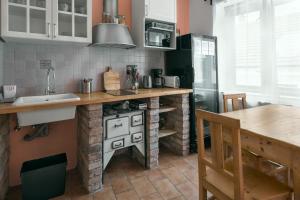a kitchen with a counter with a stove and a sink at Castle-Wall-Inn in Mikulov
