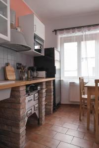 a kitchen with a counter with a stove and a table at Castle-Wall-Inn in Mikulov
