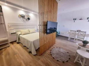 Un dormitorio con una cama, un televisor y una mesa. en Vive el Renacimiento: Cazuela, en Baeza