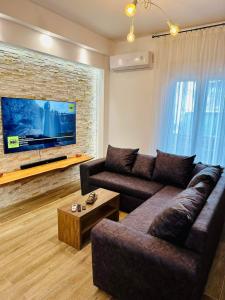 uma sala de estar com um sofá e uma televisão em Apartment Dimitris em Atenas
