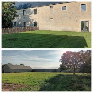 deux photos d'un bâtiment en brique et d'un champ d'herbe dans l'établissement A la Lueur des Prés, 