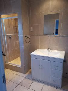 a bathroom with a sink and a shower with a mirror at Kaste Guest House Edenvale in Edenvale