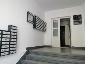 un couloir avec des escaliers et une porte dans un bâtiment dans l'établissement Ady & Marcy - Demisol 3, à Onești