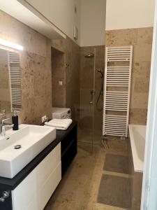 a bathroom with a sink and a shower at Tamás Apartman in Székesfehérvár