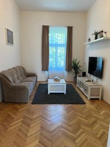 a living room with a couch and a tv at Tamás Apartman in Székesfehérvár