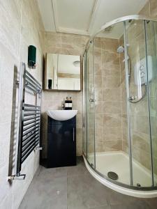 a bathroom with a shower and a sink at Ocean View Apartment - Connemara in Galway