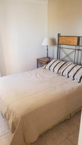 a bedroom with a large white bed with a lamp at Departamento luminoso en Neuquén in Neuquén