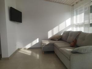 a living room with a couch and a flat screen tv at Budlejowy domek in Kołczewo