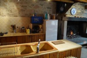 a kitchen with a sink and a refrigerator and a fireplace at Gîte de 15 places en chambre de 2, 4, 5 personnes in Saint-Exupéry-les-Roches +13 photos