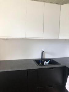 a kitchen counter with a sink and white cabinets at Grefsen/Central Oslo in Oslo