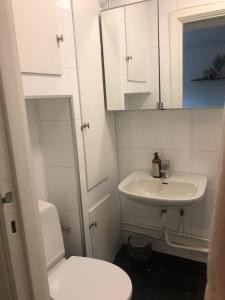 La salle de bains blanche est pourvue d'un lavabo et de toilettes. dans l'établissement Grefsen/Central Oslo, à Oslo