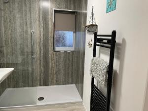 a bathroom with a shower and a sink at Seagull Cottage in Holyhead +16 photos