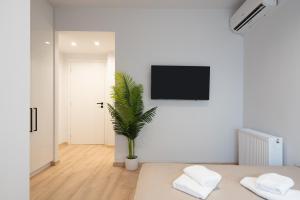 Cette chambre blanche dispose d'une télévision et d'une plante en pot. dans l'établissement Luxury 4 Bedrooms Apartment Near Flisvos Marina, au Pirée