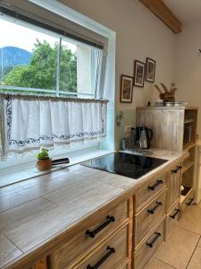 a kitchen with a large window and a counter top at Hiša Srečo in Begunje na Gorenjskem