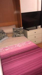 a bed with a pink blanket and a dresser with a television at Pandiellos II in Madrid
