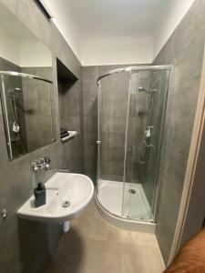 a bathroom with a sink and a shower at Černá růže - Apartmán 3 in Plzeň