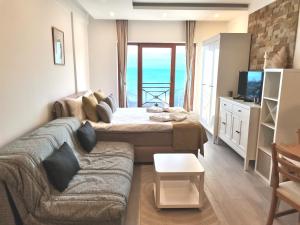 een woonkamer met een bank, een bed en een televisie bij Apartman Laura Milmari Resort in Kopaonik