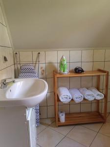 baño con lavabo y estante con toallas en Agroturystyka "U Macieja", en Teleśnica Oszwarowa