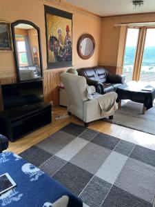 a living room with a leather couch and a television at House in Røros in Røros