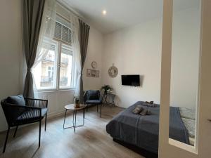 una camera con letto, tavolo e TV di D58 Delux Apartments in the city center a Budapest
