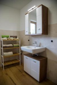 a bathroom with a sink and a mirror at Ferienwohnung am Bauernhof, Korbingerhof in Rinn