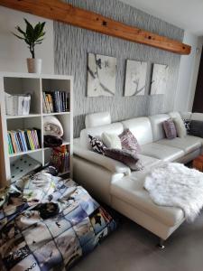 ein Wohnzimmer mit einem Sofa und einem Bett in der Unterkunft Bungalov Valentýna in Mikulov