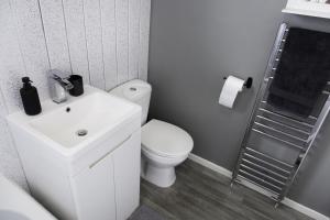 a bathroom with a white sink and a toilet at Elegant 3 bedroom House in Leigh