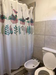 a bathroom with a toilet and a shower curtain at Cabañas APU in Maimará