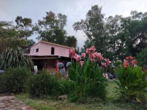 a pink house with flowers in front of it at La casa de Sibila in Bragado