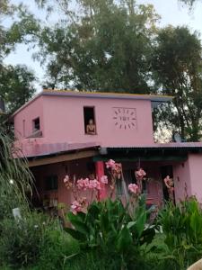 a pink house with a woman looking out the window at La casa de Sibila in Bragado
