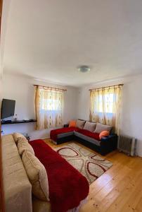 a living room with a couch and a red blanket at Apartmani Bozovic in Žabljak