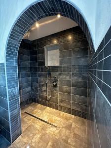 y baño con ducha y pared de azulejos. en Hiša Srečo, en Begunje na Gorenjskem