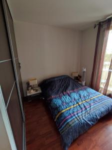1 dormitorio con 1 cama con edredón azul en Perle rare, en Saint-Gratien
