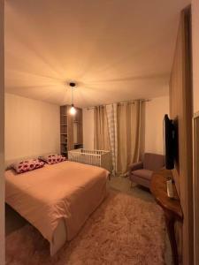 a bedroom with a bed and a tv and a chair at T3 au coeur d'une villa moderne in Fréjus