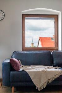 a blue couch in a living room with a window at Apartament Carmen in Mikołajki