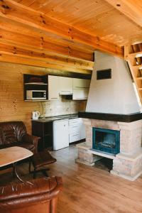 a kitchen with a stone fireplace in a room at Domki U Edzia in Kopalino