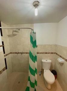 baño con aseo y cortina de ducha verde en Departamento independiente, en Atuntaqui
