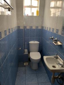 La salle de bains est pourvue de carrelage bleu, de toilettes et d'un lavabo. dans l'établissement Private,secure 1bedroom in Nairobi west, à Nairobi