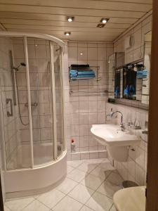 ein Bad mit einer Dusche und einem Waschbecken in der Unterkunft Maria Apartment in Wolfsburg